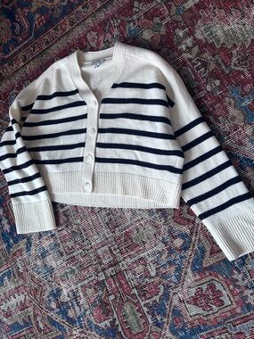 COS White and Navy Striped Cropped Cardigan